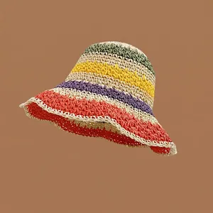 Handwoven multi-color striped straw sun hat with large brim and breathable texture
