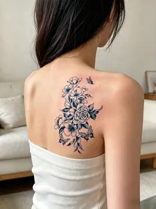 Detail of a large herbal juice back tattoo showing roses and butterflies on a model