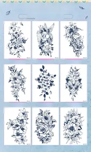 Detail display of semi-permanent herbal juice tattoos with floral and bird designs