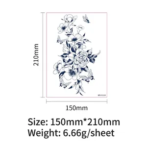 Blue rose and butterfly herbal juice semi-permanent tattoo sticker 150x210mm