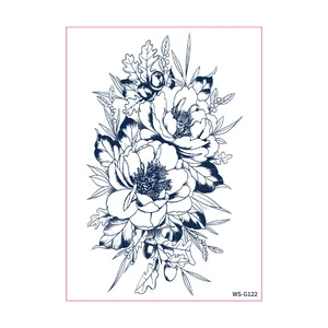 Realistic navy blue herbal semi-permanent floral tattoo sticker featuring vintage botanical peonies