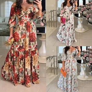 Damen Vintage Blumendruck Maxikleid V-Ausschnitt Langarm Hohe Taille Gestuftes Bohemian Urlaub Party A-Linie Kleid