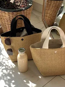 Women Straw Woven Handbag Large Capacity Vintage Summer Beach Vacation Tote Bag With Canvas Handles And Magnetic Closure