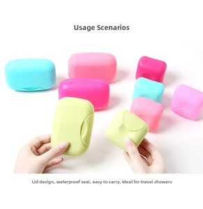 Detail of travel soap boxes with waterproof locking lids in multiple bright colors