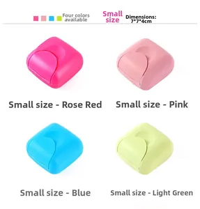 Macro detail of compact 7x7x4cm waterproof travel soap box showing four vibrant colors