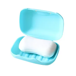 Portable blue travel soap box with leak-proof lid and built-in drainage tray