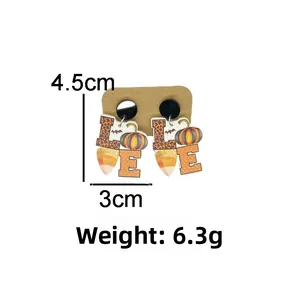 Halloween acrylic LOVE earrings with pumpkin and bat details, dimensions 4.5cm by 3cm