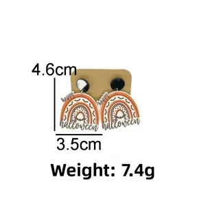 Close-up of Halloween acrylic rainbow earrings with bat patterns and 4.6cm height detail