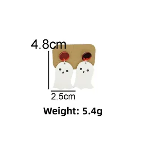 Macro detail of acrylic ghost earrings with measurements showing 4.8cm length