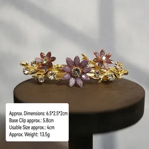 Detailed view of rhinestone flower hair clip with dimensions and purple petal textures