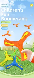 Close-up of soft EVA foam boomerang with safe material label for outdoor kids' play