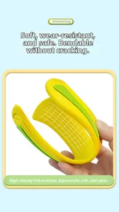 Detail of flexible yellow and green EVA foam boomerang showing high durability and safety