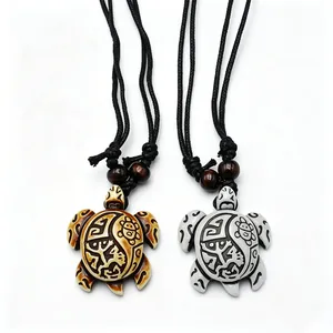 Collier Pendentif Tortue De Mer Sculpté Tribal Faux Os Résine Cordon Noir Perles En Bois Bijoux De Plage Ethniques Unisexe