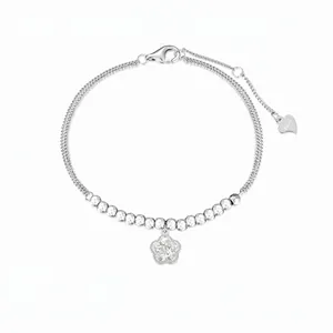 Exquisite 925 Sterling Silver Peach Blossom Pendant Bracelet For Women Double Chain Rhinestone Flower Bracelet Jewelry Gift