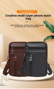 Vertical genuine leather waist bag with multi-layer zipper pockets for outdoor sports