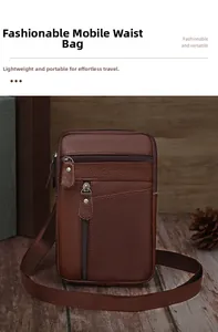 Detail view of brown leather waist bag with zipper compartments on a wooden table