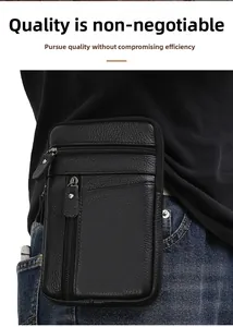 Detail of black lychee leather waist bag with three zipped pockets on a male model
