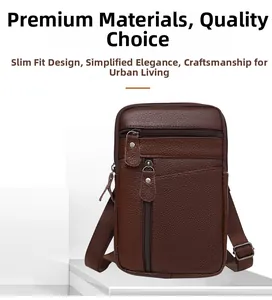 Detail of dark brown pebble leather waist bag showing multiple zippered pockets and strap