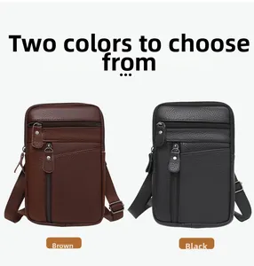 Detail view of brown and black leather waist bags with multi-zipper pockets