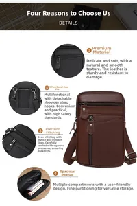 Detail showing high-quality lychee grain leather texture and fine stitching on mens bag