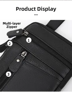Detailed view of genuine leather waist bag featuring multi-layer zippers and textured leather