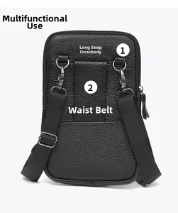 Versatile black pebbled leather waist bag with adjustable shoulder strap and belt loop