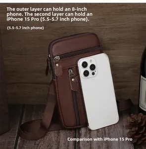 Genuine brown leather belt pouch shown with iPhone 15 Pro for size comparison