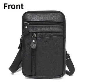 Front view of black pebble grain leather phone bag with multi-zippered compartments