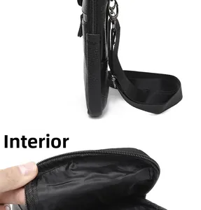 Detailed interior view of a black pebble leather belt bag with fabric lining