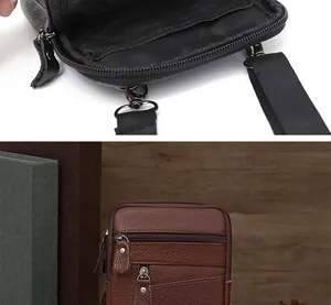 Close-up of litchi grain leather waist bag showing internal compartments and zippers