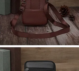 Detail of leather waist bag featuring premium litchi grain and durable metal zipper