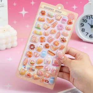 Macro detail of 3D embossed cartoon stickers with translucent jelly texture for DIY crafts