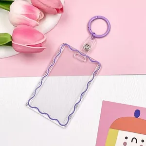 Transparent ID card holder with purple wave frame and matching keychain hook