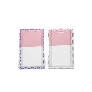 Transparent acrylic card holders with purple wave and textured borders for student ID cards