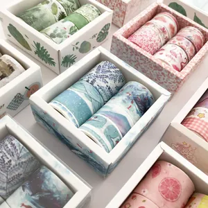 Set of 8 fresh themed washi tapes with tropical floral patterns in gift boxes