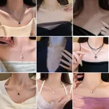 Collage of fashion pearl necklaces with clover, cross, and heart pendants in gold and silver