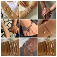 Detailed grid of layered gold and silver bracelets with charms on a model wrist