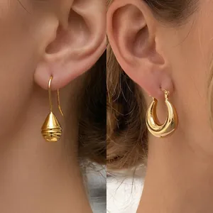Geometric Hoop Earrings Gold Plated Textured Hammered Teardrop Metal Fashion Dangle Jewelry For Women