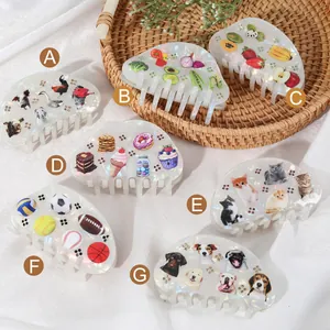 Acetate hair claw clips set with cute animal and fruit patterns and sparkling rhinestones