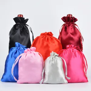 Luxury satin drawstring gift bags in multiple colors for jewelry and wine packaging