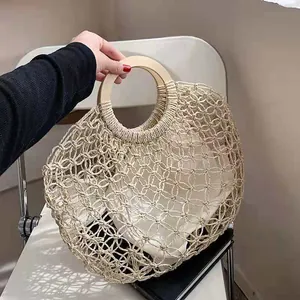 Straw Woven Handbag With Round Wooden Handle Hollow Mesh Summer Beach Tote Bohemian Style For Women