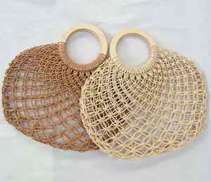 Handwoven mesh tote bag with round wooden handles in beige and brown colors