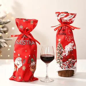 Christmas Wine Bottle Cover Linen Fabric Drawstring Gift Bag Printed Santa Reindeer Gnome Party Table Decor Festive