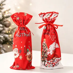Christmas fabric drawstring wine bottle gift bags with Santa and Reindeer holiday prints