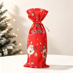 Detail of red Christmas wine bottle bag with Santa print and red ribbon tie
