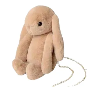 Cute plush rabbit crossbody bag with long ears and a detachable gold chain strap