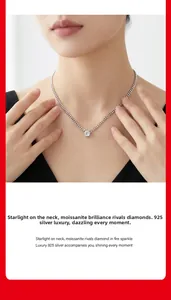 Detail of s925 silver moissanite pendant necklace on neck for elegant jewelry look