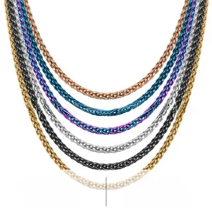 Detail showing stainless steel dragon bone chain necklaces in six vibrant vacuum-plated colors