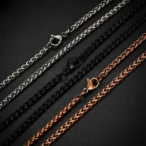 Three-color wheat link necklaces in silver, gunmetal, and rose gold with lobster clasps