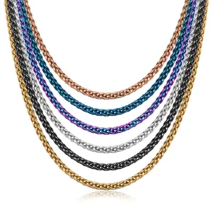 Stainless steel wheat chain necklace in six distinct colors with a polished metallic finish
